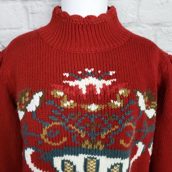 Vintage Red Puff Sleeve Sweater High Neck Button Detail Teapot Cottagecore Sz S - Picture 5 of 14